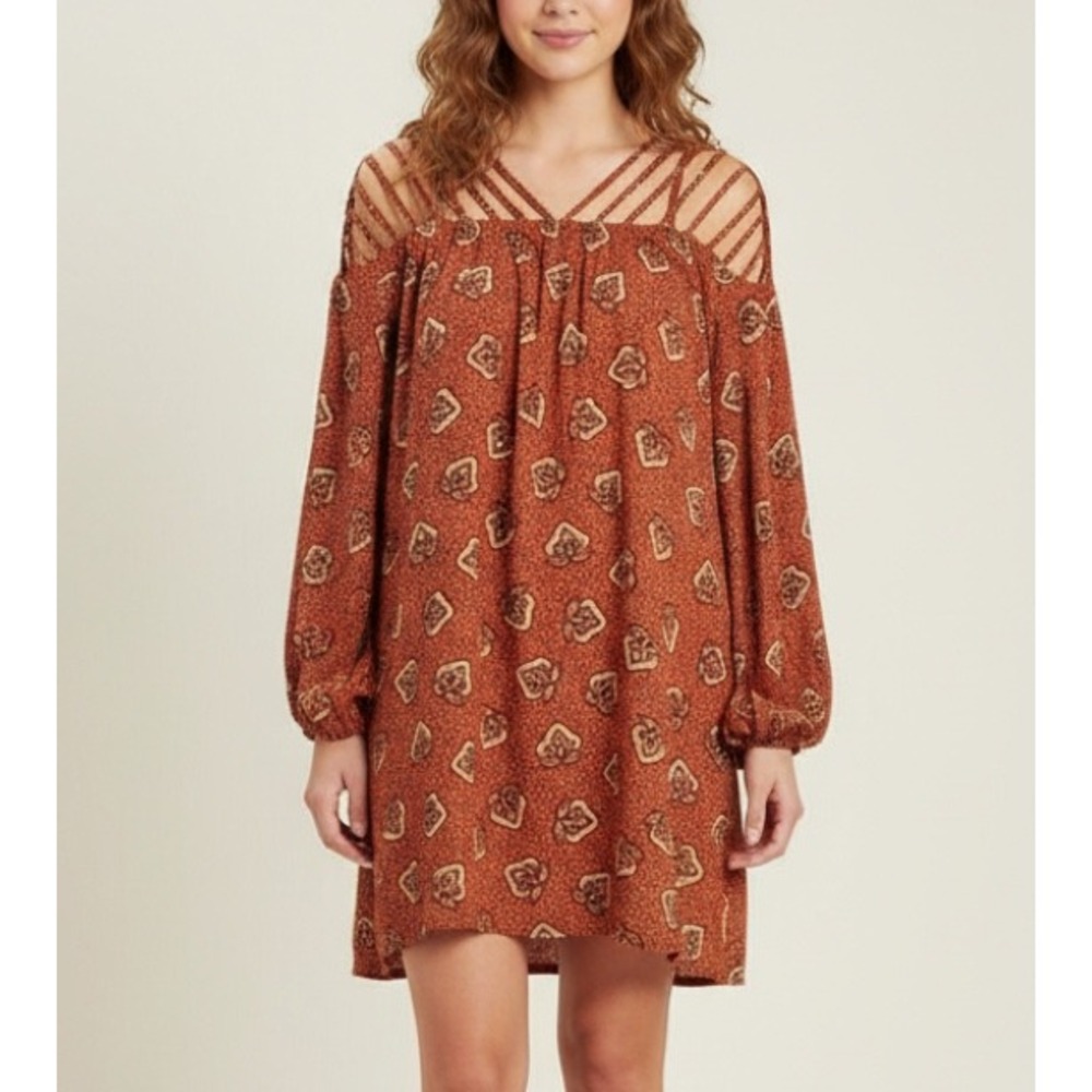 ENTRO Women's RUST Boho Print LINED CREPE Cage Shoulder PULLOVER A-Line Dress M
